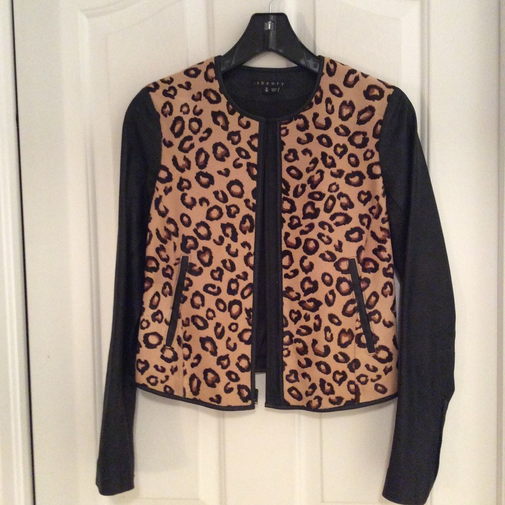 Black leather & leopard print zip sleeve jacket